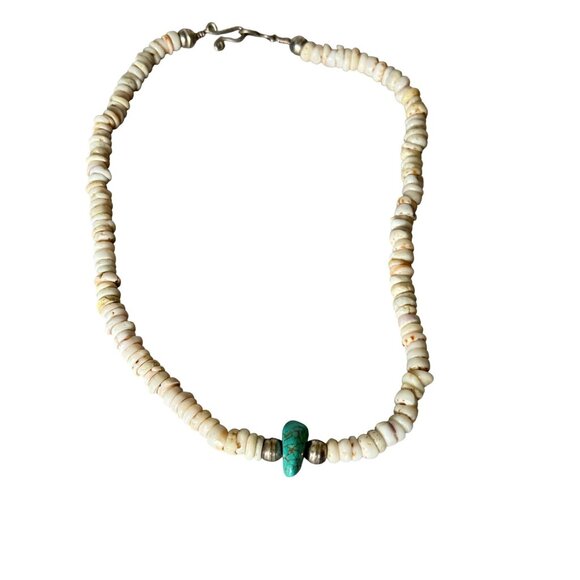 Handcrafted Jewelry - Old Southwestern Puka Oyster Shell Necklace Turquoise Accent & Sterling Silver
